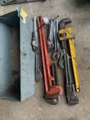 Quantity of adjustable spanners and wrenches. Stored near Gorleston, Norfolk.