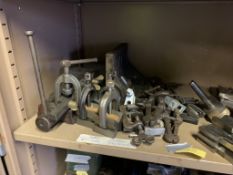 Quantity of Angle plates, clamps and Vee Blocks and box of misc drill bits etc.