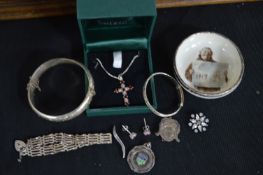 Silver Items Including Bracelets, Fobs, Crucifix,