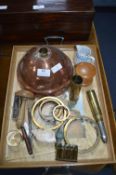 Tray Lot of Collectibles, Copper Posher, Brass Bul