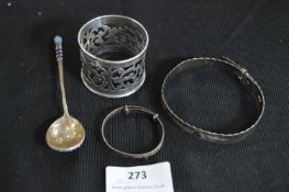 Hallmarked Silver Napkin Ring, Bangles, Spoon, etc