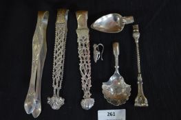 Three Hallmarked Silver Sugar Tongs, Caddy Spoon,