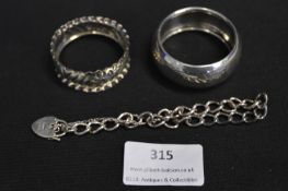 Two Silver Napkin Rings with Chain Bracelet ~36g t