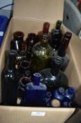 Box of Victorian Coloured Glass Bottles; Inks, Poi