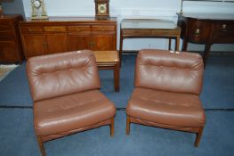 Pair of Retro Teak Chairs with Brown Leatherette U