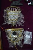 Two Mirrored Back Brass Wall Sconces with Crystal