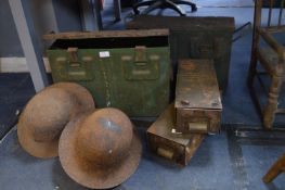 Two Metal Ammunition Boxes and Two Home Guard Helm