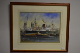 Signed Watercolour by Adrian Thompson - Ship in Hu
