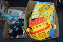 Box o Toys and a Box of Household Goods; Curtains,