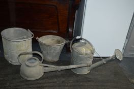 Two Galvanised Metal Watering Cans and Two Buckets
