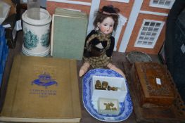 Collectibles Including Bisque Doll, Boxes, Old Bra