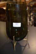 *23cm Green Glass Vase on Brass Stand