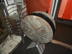 *Three Circular Aluminium Framed Tables with Wood Tops and Ten Stackable Tubular Aluminium Chairs