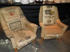 *Pair of Hessian Covered Easy Chairs