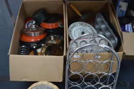 Two Boxes of Household Goods; Kitchenware, Pans, G