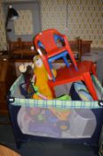 Travel Cot and Contents Including Soft Toys, Trike