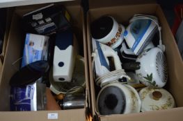 Two Boxes of Household Goods Including Pans, Kettl