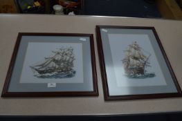 Two Embroidered Sailing Ship Pictures