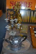 Brass Companion Set, Candlesticks, Silver Plate Tr