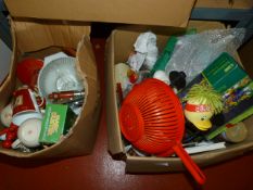 Two Boxes Containing Alarm Clock, Pottery, Cutlery
