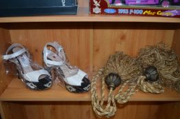 Pair of Ladies Shoes Size: 40 and a Pair of Curtai