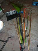 Bundle of Tools Including Snow Shovel, Rakes, etc.