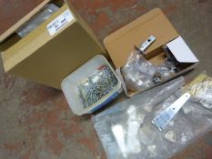 Box of Hinges, Door Locks, Screws and Tack Cloths