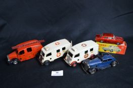 Five Tinplate Toy Cars Including Triang Minic, Fire Engine, Ambulances, etc.