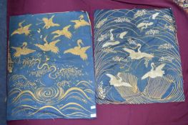 Two Japanese Style Embroideries of Cranes in Gilt Thread on Blue Silk