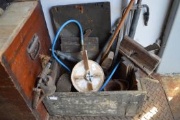 Wood Tool Chest Containing Vintage Metalware, Blow Lamps, Planes, Enameled Gas Burner, etc.