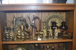 Shelf of Assorted Brass Ornaments, Trays, etc.