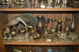 Shelf of Assorted Brass Ornaments, Vases, etc.