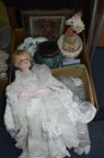 Box of Vintage Plates, Dolls, etc.