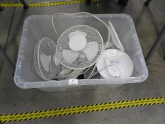 *Box Containing Three Desktop Fans, Assorted Four Gang Extension Leads