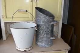 White Enamel Vintage Bucket and a Coal Scuttle