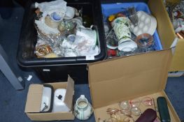 Two Tubs of Kitchenware, Wine Glasses, Pottery, etc.