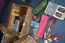 Wicker Picnic Basket Containing Cased Dressing Sets, Cutlery, etc.