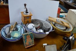 Kitchenalia; Enamel Bowls & Dishes, Brass Jam Pan, Coffee Grinder, etc.
