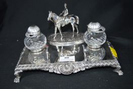 Silver Plated Ink Stand with Horse Racing Theme