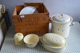 Vintage Wooden Port Crate Containing Enamel Kitchenware