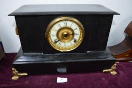 Black Slate Mantel Clock with Brass & Enamel Face, and Gilt Rams Heads Detail