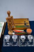 Desktop Writing Set; Inkwells, Pens, Artist Mannequin, etc.