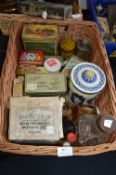 Basket of Collectibles; Old Tins, Bottles, etc.