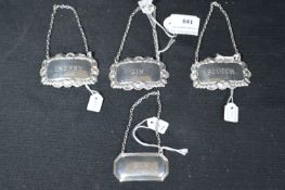 Four Silver Spirits Labels; Gin, Whisky and Sherry