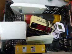 Box of Electricals Including Clocks, Cameras, Scales etc