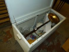 Vintage Ottoman and Contents including Brass Warming Pan, Drain Cleaner, Decanter, China etc