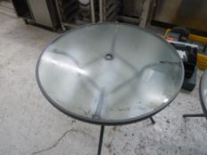 * x3 circle glass garden tables, including garden umbrella/canopy.