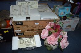 Two Boxes of Memorial Plaques and Vases, etc.