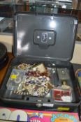 Metal Cash Box Containing Costume Jewellery etc.