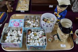 Tray Lot of Collectibles; Thimbles, Character Jugs